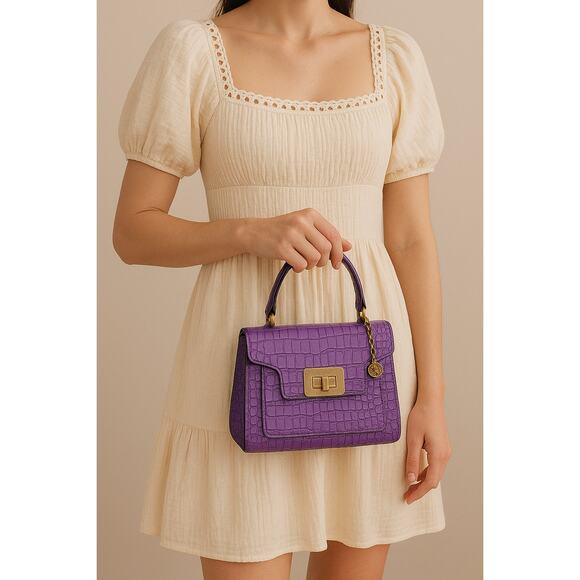 The Emily Bag Chic Purple Croc Embossed Top Handle Mini Satchel Gold Turn Lock - Picture 15 of 15